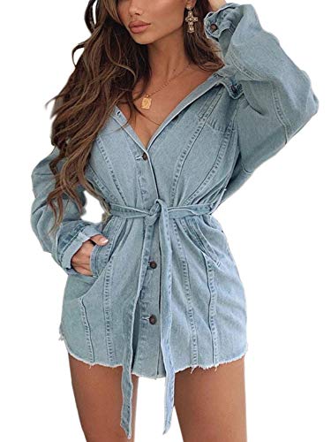 Jean Jacket Women Oversized Denim Jean Long Jacket with Belt Loops (L, Blue grey windbreaker)
