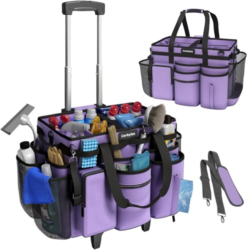 Image of Rolling Cleaning Caddy Bag with Detachable Trolley, Cleaning Supplies Organizer Cart on Wheels, Cleaning Supply Caddy for Housekeepers, Large Professional Detailing Bag Tote for Home, Car (Purple)