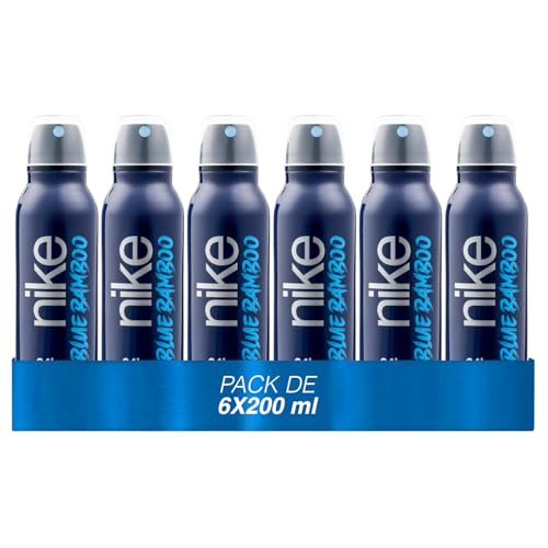 NIKE - Blue Bamboo Pack de 6 x 200 ml, Desodorante Hombre Spray, Desodorante Antimanchas para Todo Tipo de Piel, 0% Sales de Aluminio, de Larga Duración, Fragancia Aromática Marina Amaderada