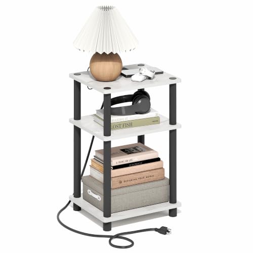 Image of Furinno Just 3-Tier Night Stand with Charging Station, Light Marble | USB and Type-C Charging Port, Open Shelf Bedside Table, Side Table, End Table, for Living Room, Bedroom