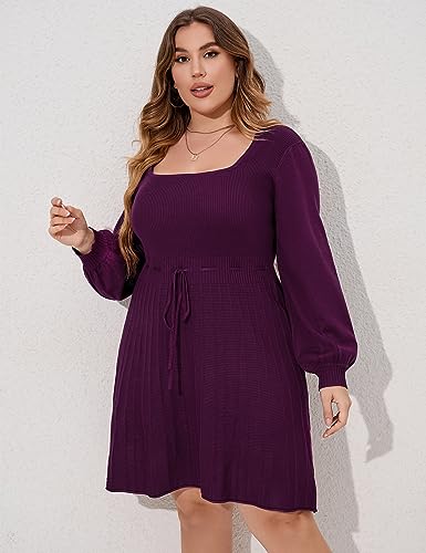 Image of Women's Plus Size Casual Sweater Dress Square Neck Long Lantern Sleeve Tie Waist Loose Pullover Sweater Dresses