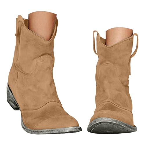 Suede Ankle Boots for Women, Western Ankle Cowboy Boots Low Heel Mid Calf Cowgirl Slip On Round Toe Booties Back Zipper Fall Short Ankle Booties Winter