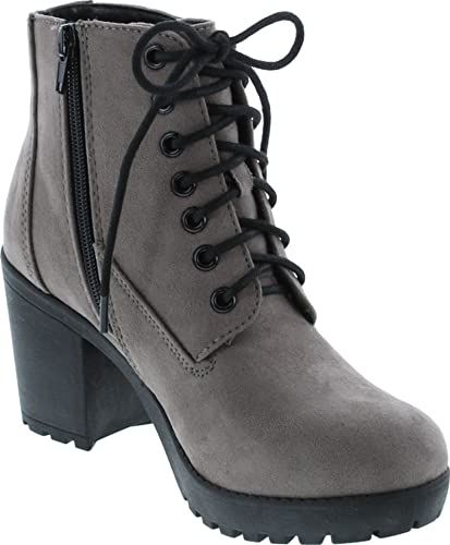 Image of Soda Second Lug Sole Chunky Heel Combat Ankle Bootie Lace up w /Side Zipper | Casual Boots