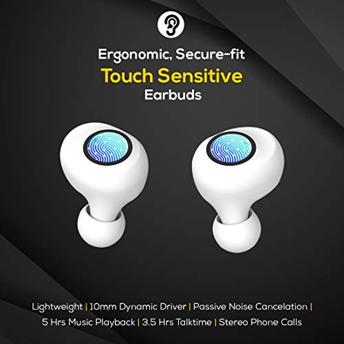 Image of pTron Bassbuds Jets True Wireless Bluetooth 5.0 in-Ear Headphones,20Hrs Total Playback with Case,Deep Bass,Touch Control,Ipx4 Water Resistant,Voice Assistant,Built-in Mic & Digital Display (White)