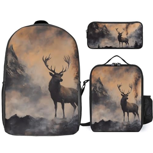 Red Deer Misty Peaks Classic Backpack Lunch Bag Pencil Case 3 Piece Set Travel Daypack