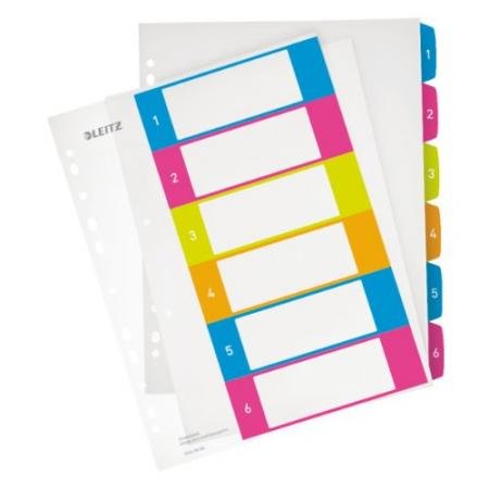Lote de 20 separadores de 1 a 6 posiciones, A4, de polipropileno translúcido, teclas de colores