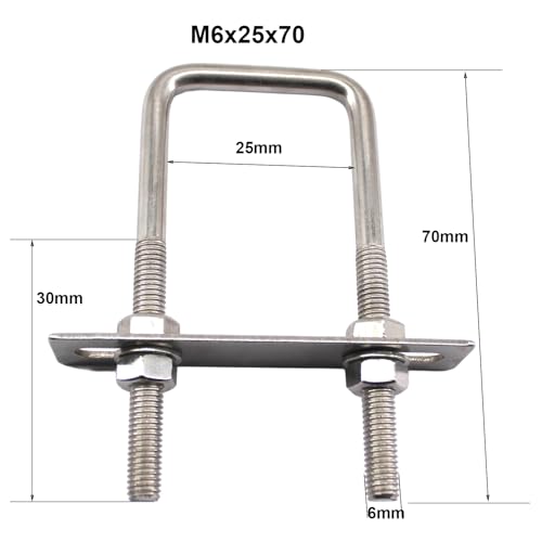 Image of Square U Bolts 304 Stainless Steel U-Bolts 1 inch Wide 2.7 inch Length (M6x25x70mm) U Clamps Bolt with Frame Plate, Washers and Nuts (6 Pack)
