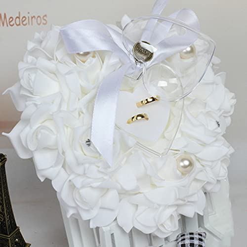 Heart Shaped Ring Bearer Box for Wedding Ceremony Party Supplies Decoration Engagement Proposal Lace Rose Heart Romantic Ring Pillow with Ribbon Bridal Ring Holder Cushion - Thumbnail 4