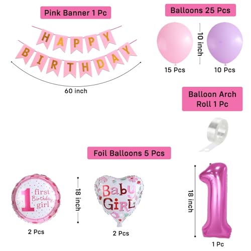 Image of Party Propz 1 Year Birthday Decoration for Baby Girl - 32 Pcs,Happy Birthday Decoration Kit 1 Year with Banner, Balloons, Foil Balloons & Arch Roll, 1st Birthday Decoration Items for Girls (Cardstock)