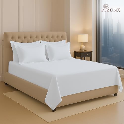 Image of Pizuna 100% Cotton Bedsheet Super King Size White, 400 Thread Count Long Staple Combed Cotton Flat Bedsheets 108x108 Inches with 4 Pillow Covers, Bed Sheet for Super King Size Bed