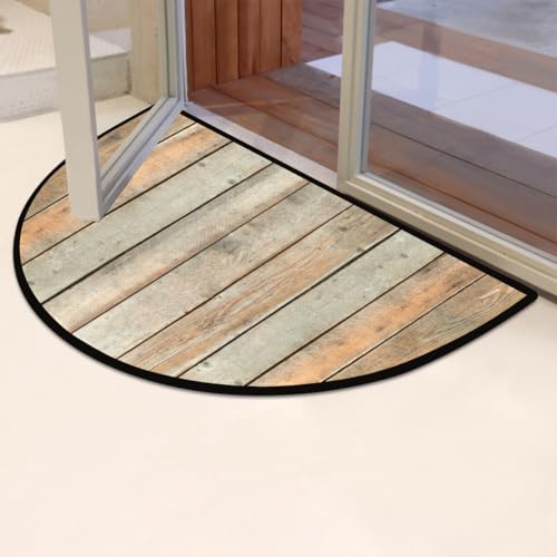 Image of cfpolar Half Round Door Mat Brown Wood Retro Non-Slip Semi Circle Area Rug Washable Half Moon Hearth Rugs for Indoor Outdoor Bathroom Kitchen Patio Runner Mat Laundry Room Home Decoration