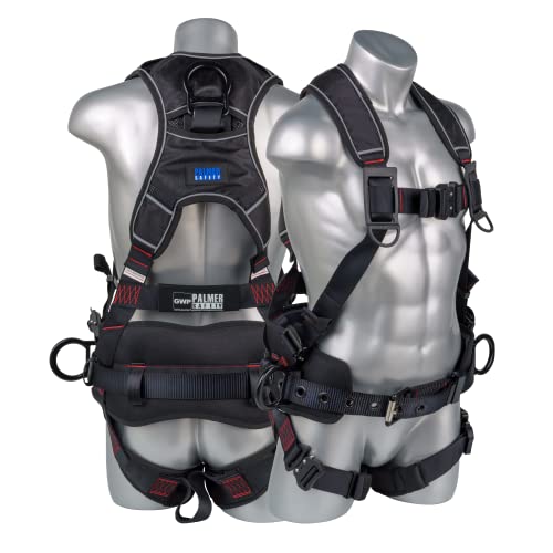 Palmer Safety Fall Protection Safety Harness, Padded Back Support, Quick-Connect Buckle, Grommet Legs, Aluminum Back&Side D-Rings (Jet Black - MD)