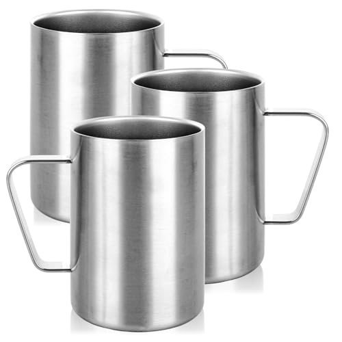 WOPPLXY 3 tazas de café de acero inoxidable de 500 ml, taza grande de metal para camping, taza de metal aislada de doble pared con asas para bebidas frías y calientes