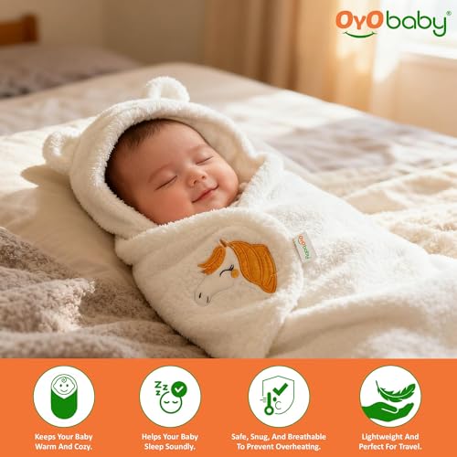 Image of OYO BABY Ultra Soft & Breathable Fabric | Wearable Hooded Swaddle Blanket for Newborns | Sleeping Bag Style Wrap | Keeps Baby Warm & Secure | Easy to Use | 0-6 Months (72x68 cm) | Unicorn White