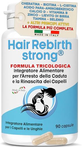 HAIR REBIRTH STRONG * 90 capsule * la Migliore Cura per i Capelli * Nuova Etichetta * Formula Tricologica: Cheratina Biotina Cistina Calcio D Vitamina B * Blocca la Caduta e fa Ricrescere i Capelli