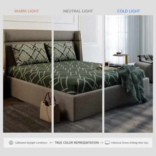 Image of Stoa Paris 100% Cotton King Size Fitted Bedsheet with 2 Pillow Covers, 180TC Printed Bedding Set, All-Season Comfort, Soft & Lightweight, Home Decor, Urbanscape - Olive Mesh (182cm x 198cm + 30cm)