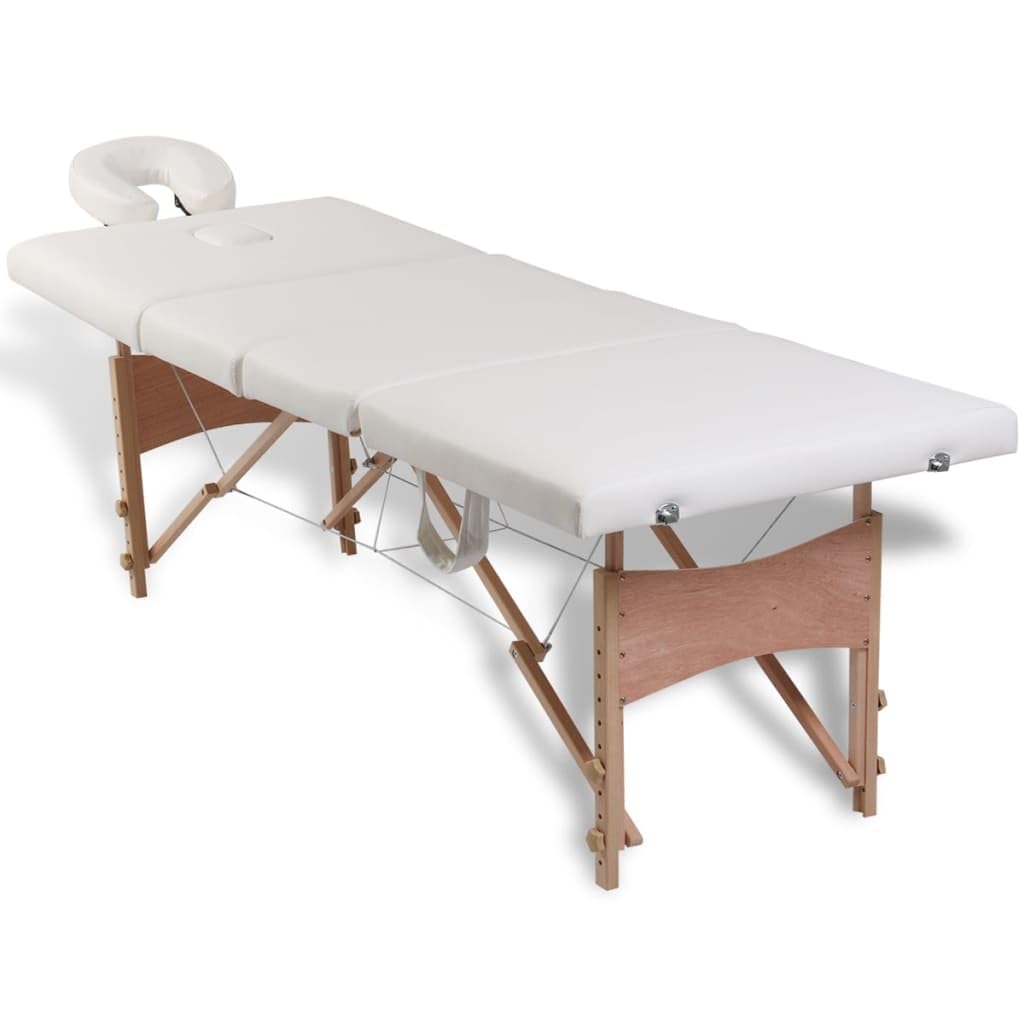 Massageliege Klappbar 4-Zonen Massagetisch mit Holzgestell Cremeweiß 186x68cm Höhenverstellbar Tragbare Kosmetikliege für Profis