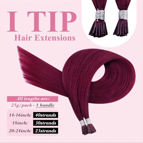 Image of YoungSee I Tip Hair Extensions Human Hair Magenta, Itip Human Hair Extensions Red, 20 Inch 25 Strands 25g, Hair Extension I Tip, Colored for Prom and Graduations