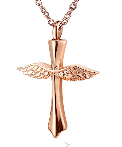 PREKIAR Heart Cremation Urn Necklace for Ashes Urn Jewelry Memorial Pendant with Fill Kit and Gift Box - Always on My Mind Forever in My Heart (Angel Wing Cross - Rose Gold)