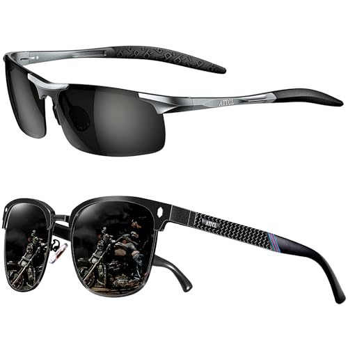 ATTCL Bundle Men's Driving Polarized Rimless Sunglasses Al-Mg Metal Frame Ultra Light:(8177-Gray)+(8188-Black)