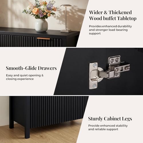 Image of Panana 2-Door 2-Drawer Storage Cabinet, Farmhouse Ribbed Style Sideboard for Kitchen, Living Room, Entryway (Black)