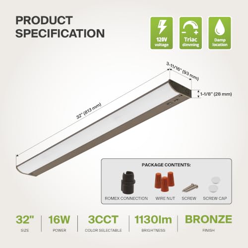 Image of ASD LED Under Cabinet Lighting, 32 inch 16W 1057 LM, Dimmable Hardwired Under Cabinet Lights for Kitchen, 3000K /4000K /5000K, Under Counter Light Fixtures, ETL, Bronze, Bullnose Design