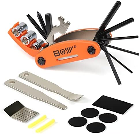 Portable Bike Repair Kit include 16 in 1 Multi Tool, 2 iron Tire Levers and 5 Pre-glued Patch Tire Patch, Metal Files, All in One Mini Tool Bag