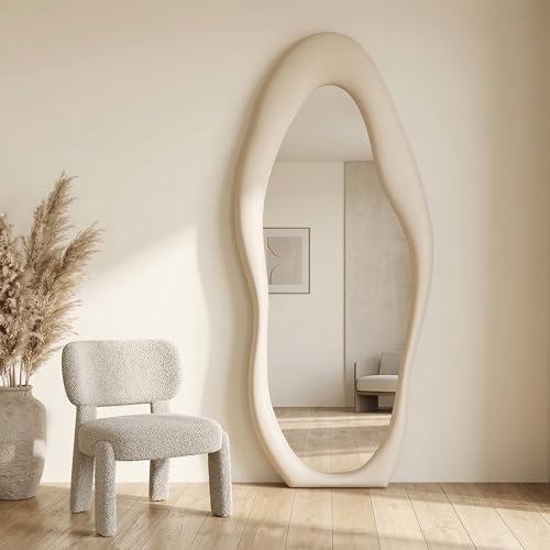 Image of The Artment Fluid Reflection Unbreakable Full-Length Asymmetrical Shape Mirror with Plush Velvet Beige Color Frame, Floor-Standing or wall-Leaning Design for Bedroom & Dressing Area (160 X 60 CM)
