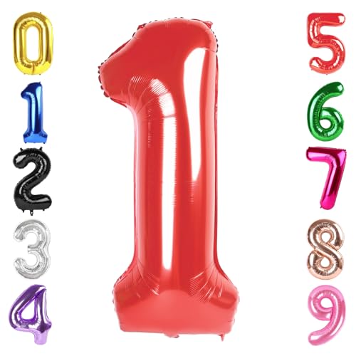 Image of 40 Inch Red Number 1 Balloon Birthday Party Decorations for Men & Women | 40 Inch Red inflatable foil number balloons, large birthday decorations for 1st birthday
