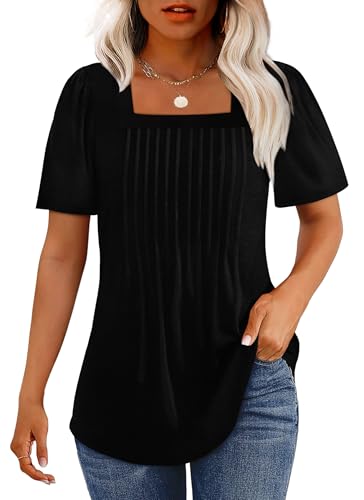 トップス ORR Puff Square Neck Blouse black JGGSPWM Women's Square Neck Shirred Ruffle Hem Long Sleeve