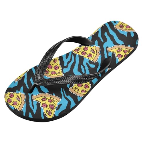 ALAZA Blue Tiger Skin Pizza Flip Flops for Women Fashion Beach Slippers Comfort Mens Flip Flops Non-Slip Rubber Shower Slippers Sandal for Hotel Travel Sport,XS2