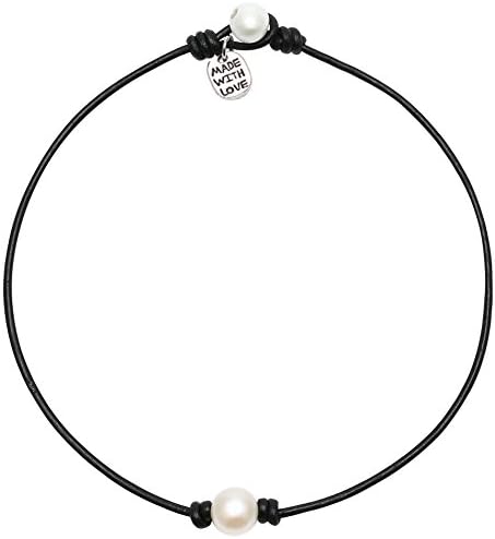 Single Cultured Freshwater Pearl Chokers for Girls Handmade Black Leather One Bead Pendant Jewelry for Women Fashion Boho Necklace Choker with Pearl for Valentine's Day Gift 14" Black