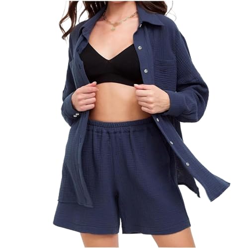 HYKJCSS Albornoz Conjunto De Pijama Dos Piezas con Pantalones Cortos Manga Larga Y Solapa Fina para Mujer, Ropa para El Hogar Ropa(A,M)