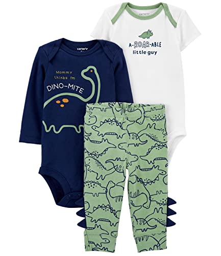 Carter's Baby Boy 3-Piece Bodysuit Pant Outfit Set (Baby Green Dino Mite, 9 Months)