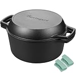 Pre-seasoned Cast Iron Double Dutch Oven Pot with Skillet Lid, Dual-handle, for Bread Baking, Outdoor, Campfire Cooking, 5 Quart