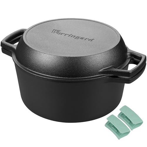 VORRINGARD Pre-seasoned Cast Iron Double Dutch Oven Pot with Skillet Lid, Dual-handle, for Bread Baking, Outdoor, Campfire Cooking, 5 Quart