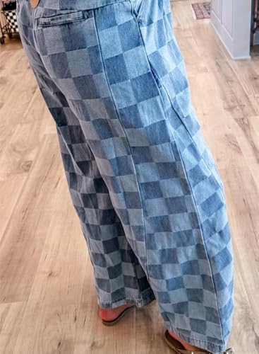 Melliflo Women's Plaid Jeans Checkered Denim Wide Leg Pants Trendy Baggy Elastic Waisted Trousers with Pockets3