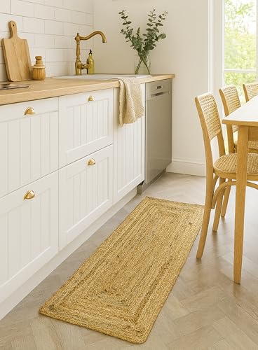 The Deco Factory Teppich aus Jute, handgefertigt, geflochten, für Eingang, Flur, Wohnzimmer, Küche, Schlafzimmer, Büro, natürliche Farbe, 45 x 120 cm, Beige