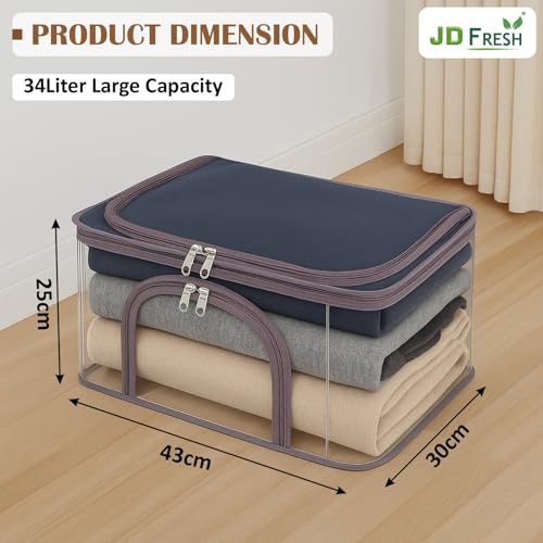 Image of JD FRESH 3 Pcs 34L Transparent Storage Bags with Handles /Foldable Storage box for Clothes /Under Bed Storage Organizer Box with Zippers /Wardrobe Organizer for Storage /Organiser for Blanket /Bedsheet