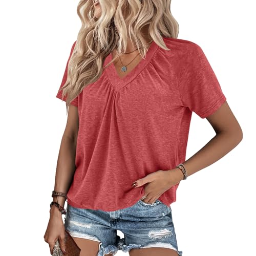 Summer Tops for Women 2025 Shorts Sleeve Womens Tops,V Neck Soft Casual Loose Fit Ruched Top T Shirts Tee Clothes3