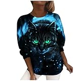 Bluse Frauen Y2k Lange Ärmel T-Shirts Winter Polyester Tailliert Gesmokte T Shirt Damen Park Tunik Cat Weich Rundhals Blau