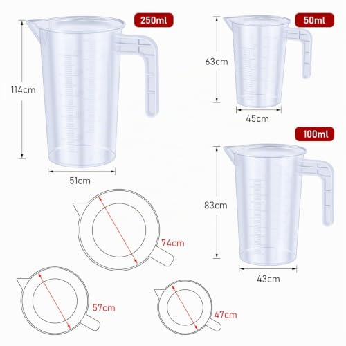 Foto von Mitening 3-Teiliges Messbecher Set Mit Griff - 50ml, 100ml, 250ml - Hitzebeständig, Präzisions-Messbecher für Waschmittel, Küche, Labor, Autopflege - Feine Skala, Lebensmittelecht (Transparent)