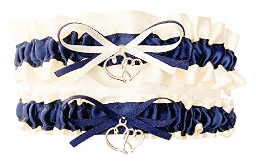 Ivory Navy Blue Satin Wedding Bridal Garter Set - Double Heart Charm