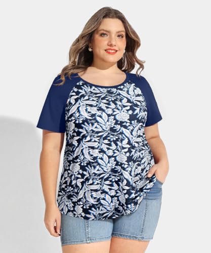 Image of CARCOS Plus Size Tops for Women Short Sleeve Raglan Striped Tee Color Block Crewneck /V Neck Tunic Loose Fit Summer XL-5XL