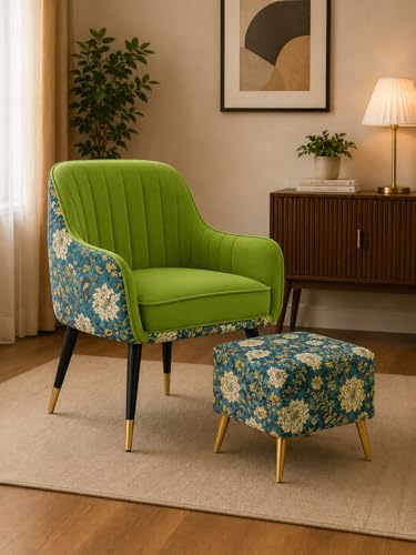 Image of Floral Velvet Accent Chair with Floral Pouffe | Modern Upholstered Armchair with Gold & Black Metal Legs | Comfortable Lounge Chair for Living Room, Bedroom, Office (Parrot Green Floral)