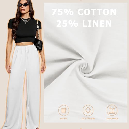 Neteson Leichte Hosen Damen Sommer Lang Leinenhose Damen Weite Leg Elegant Freizeithose Palazzo Hose Lockere Stoffhose mit Tunnelzug und Taschen