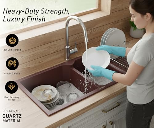 Image of EVANEX Quartz Sink for Kitchen|45x20x9 inch Double Bowl Kitchen Sink with Drain Board|Matt Finish|Brown Quartz Kitchen Sink with Sink Connector, Waste Pipe, Coupling and Drain Basket