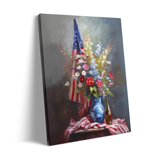 Image of Memorial Day Canvas Wall Art, Patriotic American Flag with Flowers Print, Rustic Veterans Day Oil Painting, USA Independence Day Poster Framed Artwork for Living Room and Office Decor 20x24inch