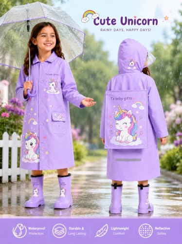 Image of Krystle Kids Glow Cartoon Print Raincoat with Bag Cover | Waterproof Zipper Rain Jacket for Boys n Girls | School Raincoat with Reflective Strip for Kids (Purple,Multisize)