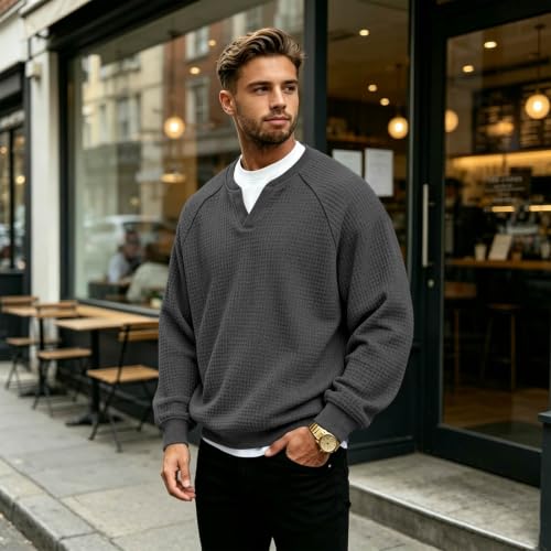 Mens Waffle Shirt Long Sleeve Plus Size Textured V Neck Thermal Work Shirts - image 3